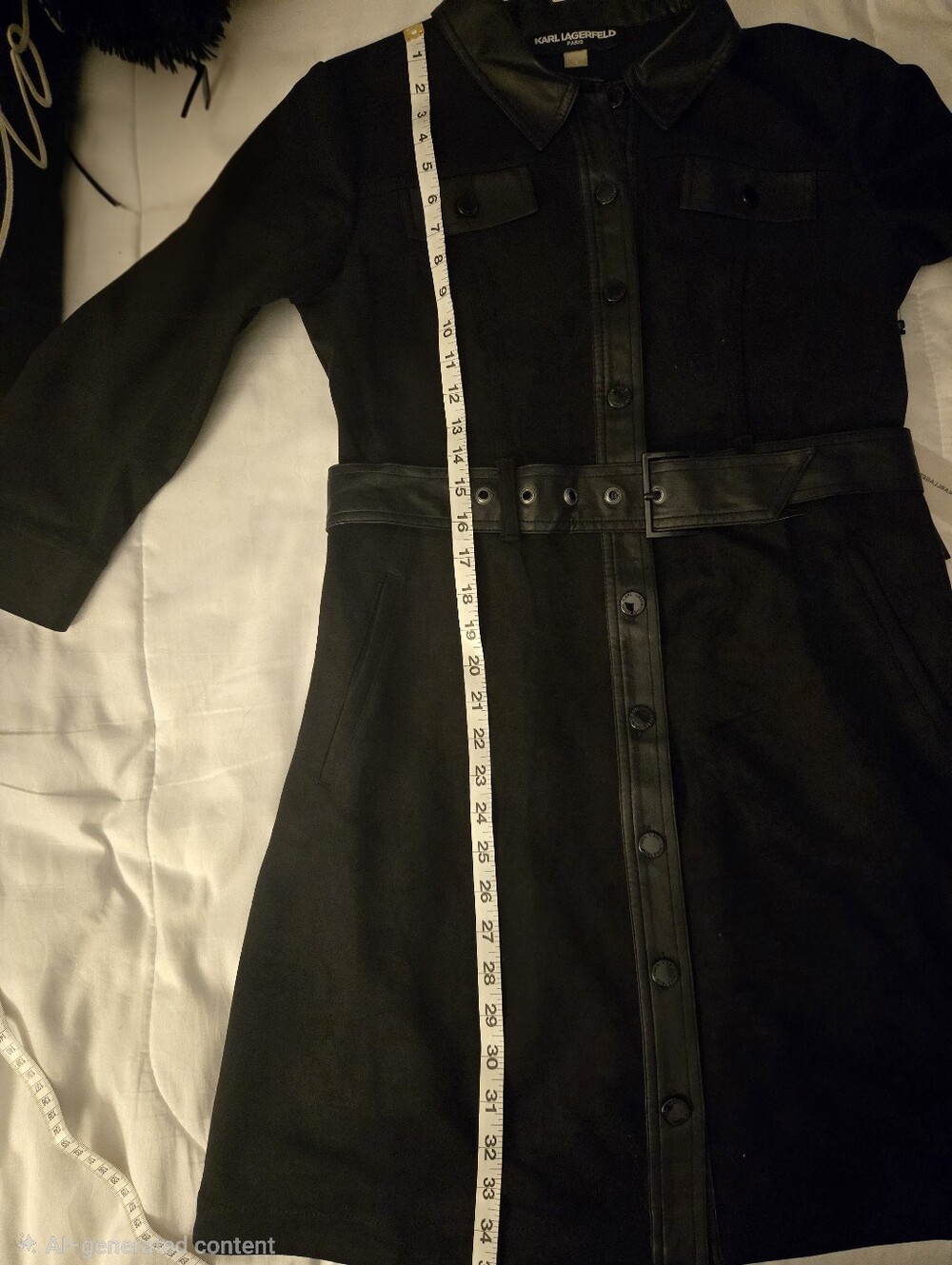 Karl Lagerfeld Black Trench Belted Faux Leather Trim Midi Shirt Dress Size 8 NWT - Picture 12 of 13